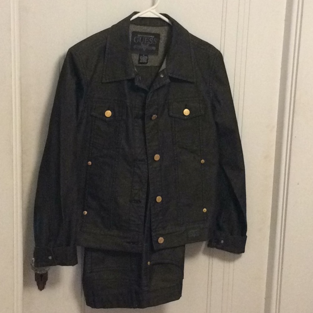 “Vintage” 90’s ?GUESS?🔻Black Metallic Gold Sheen Thread Jean Pants & Jacket Set